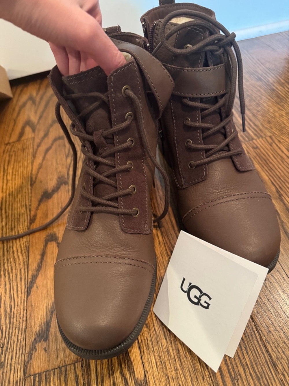 IN BOX—UGG “Jaidyn” Chocolate Brown Leather Lace-Up Zip Ankle Boots with Buckle - Picture 6 of 10
